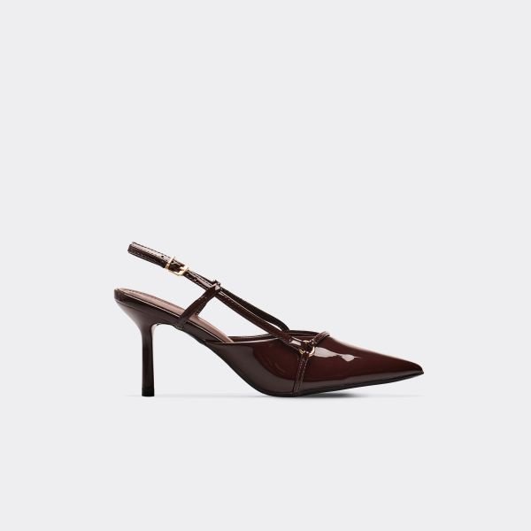 EGO Journey Ring Detail Pointed Toe Slingback Court Heel In Brown Patent, Women's Size UK 3 - 1