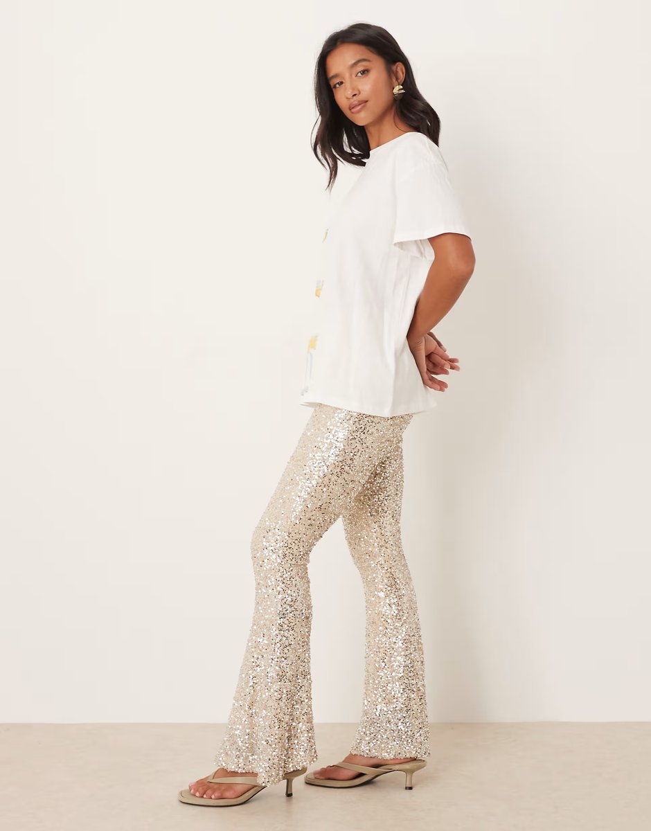 ASOS Never Fully Dressed Petite sequin flared trouser co-ord in silver - 4