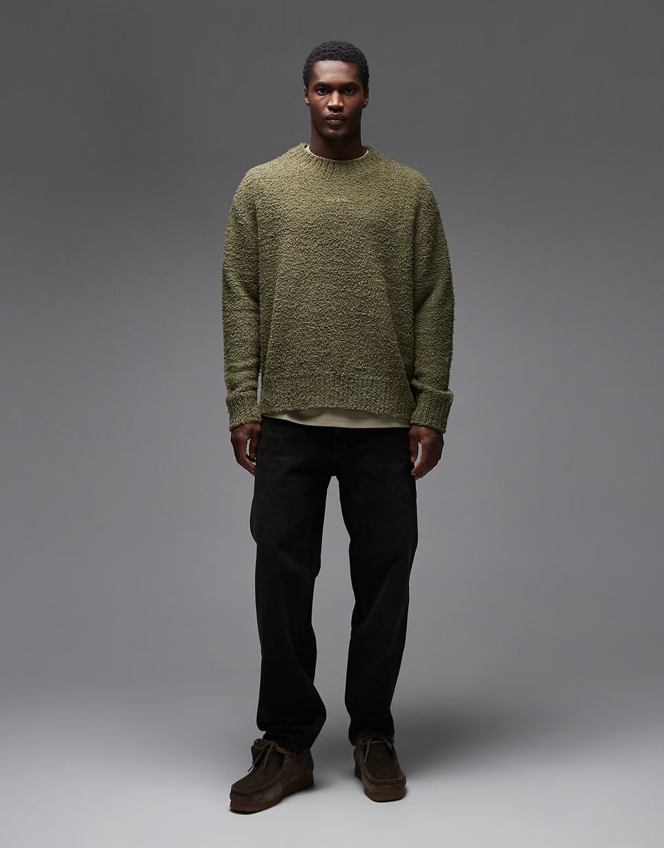 ASOS HUGO BLUE Sanou central logo relaxed fit boucle knit jumper in mid green - 3