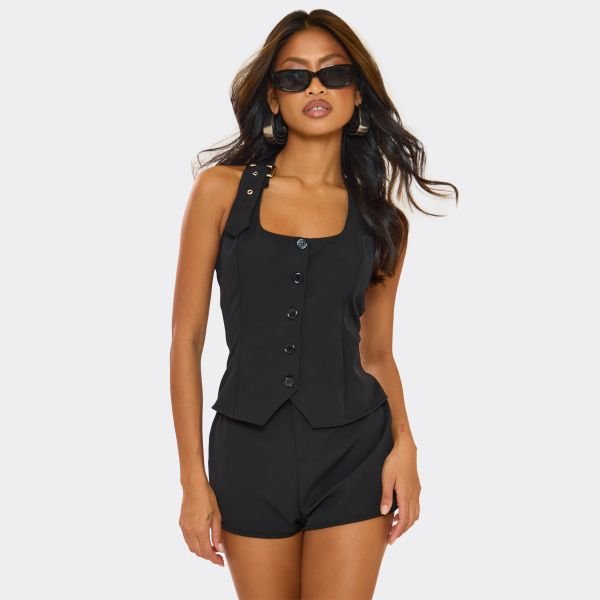 EGO Halterneck Button Up Buckle Detail Playsuit In Black, Women's Size UK 6 - 2