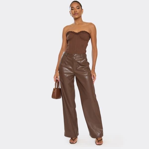 EGO EGO Brown Faux Leather Trousers with Mid-Rise Waist