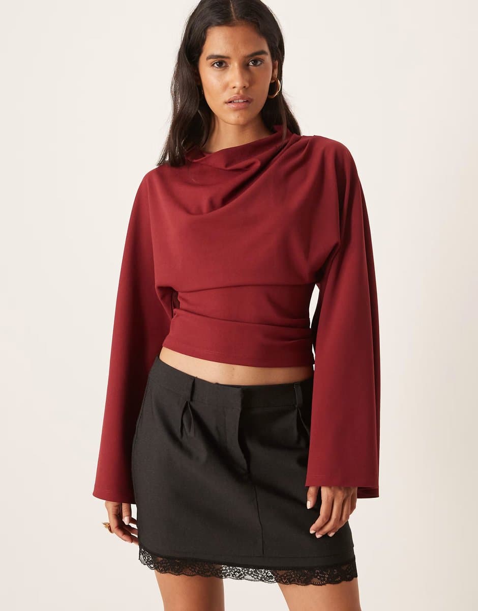 ASOS ASOS Drapey Wide Sleeve Long Top in Burgundy Red