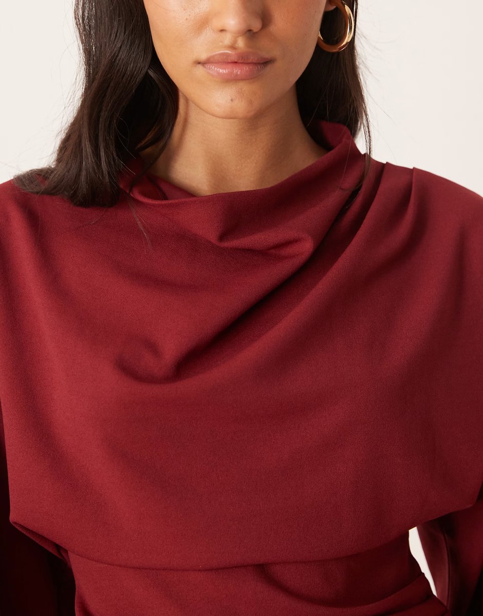 ASOS Gina Tricot long sleeve drapey wide sleeve top in burgundy red - 3