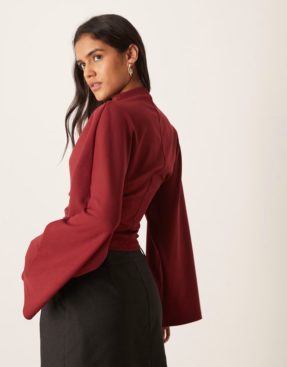 ASOS Gina Tricot long sleeve drapey wide sleeve top in burgundy red - 4