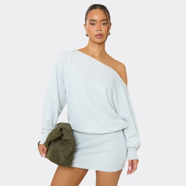 EGO Off The Shoulder Slouchy Sweat Dress In Grey Marl, Women's Size UK 6