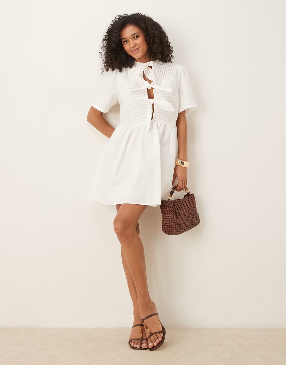 ASOS Ghospell bow front smock mini dress in white - 3