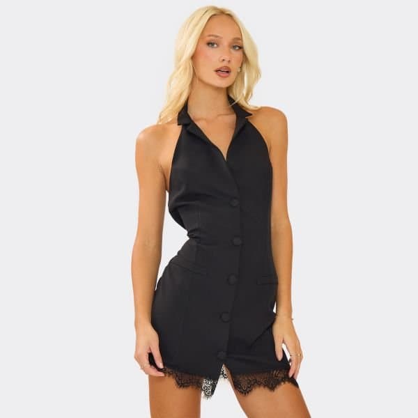 EGO Plunge Neck Lace Trim Tailored Mini Dress In Black, Women's Size UK 6