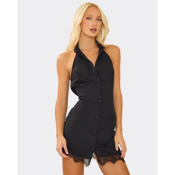 EGO Plunge Neck Lace Trim Tailored Mini Dress In Black, Women's Size UK 6 - 2