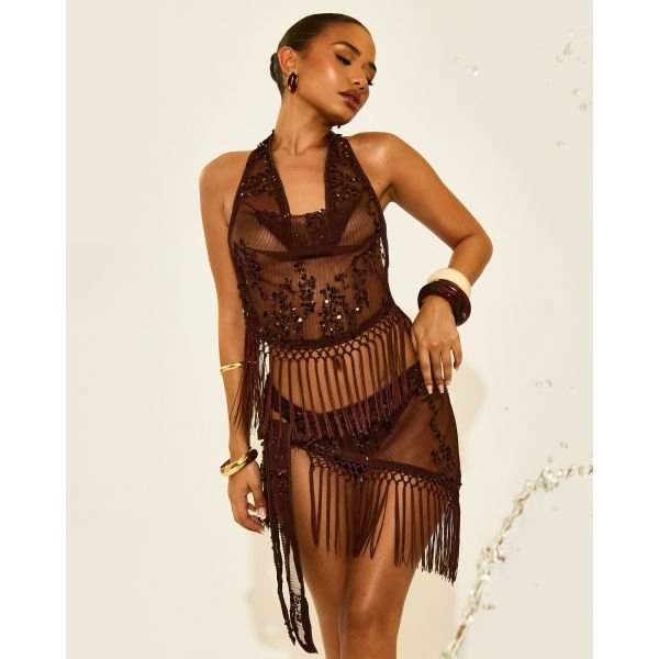 EGO Cowl Neck Tassel Trim Sequin Detail Top In Brown, Women's Size UK 6 - 2