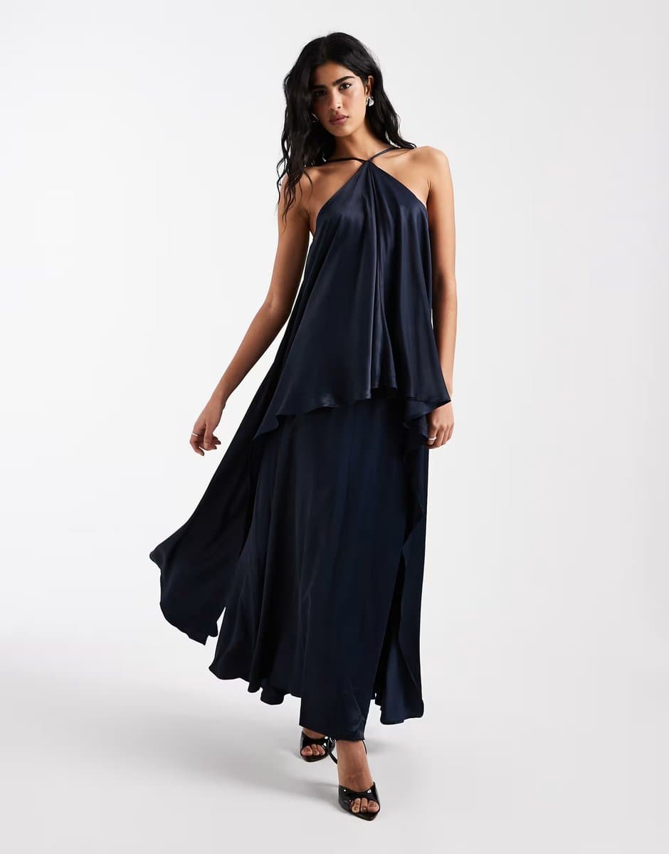 ASOS ASOS DESIGN satin halter trapeze maxi dress in navy