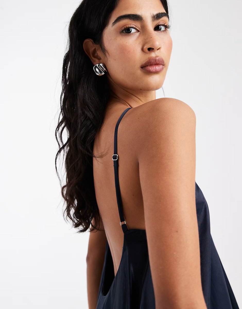 ASOS ASOS DESIGN satin halter trapeze maxi dress in navy - 3