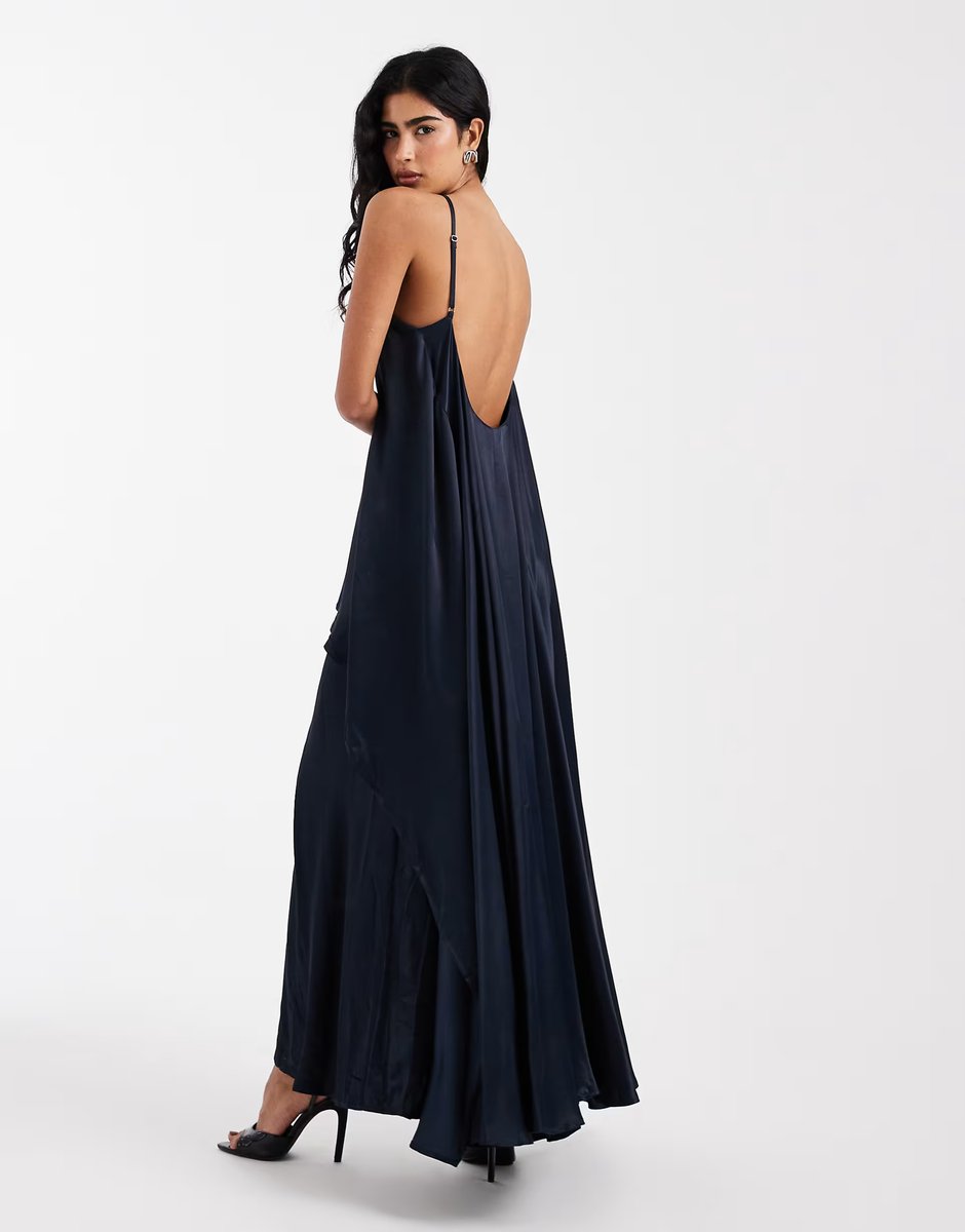 ASOS ASOS DESIGN satin halter trapeze maxi dress in navy - 4