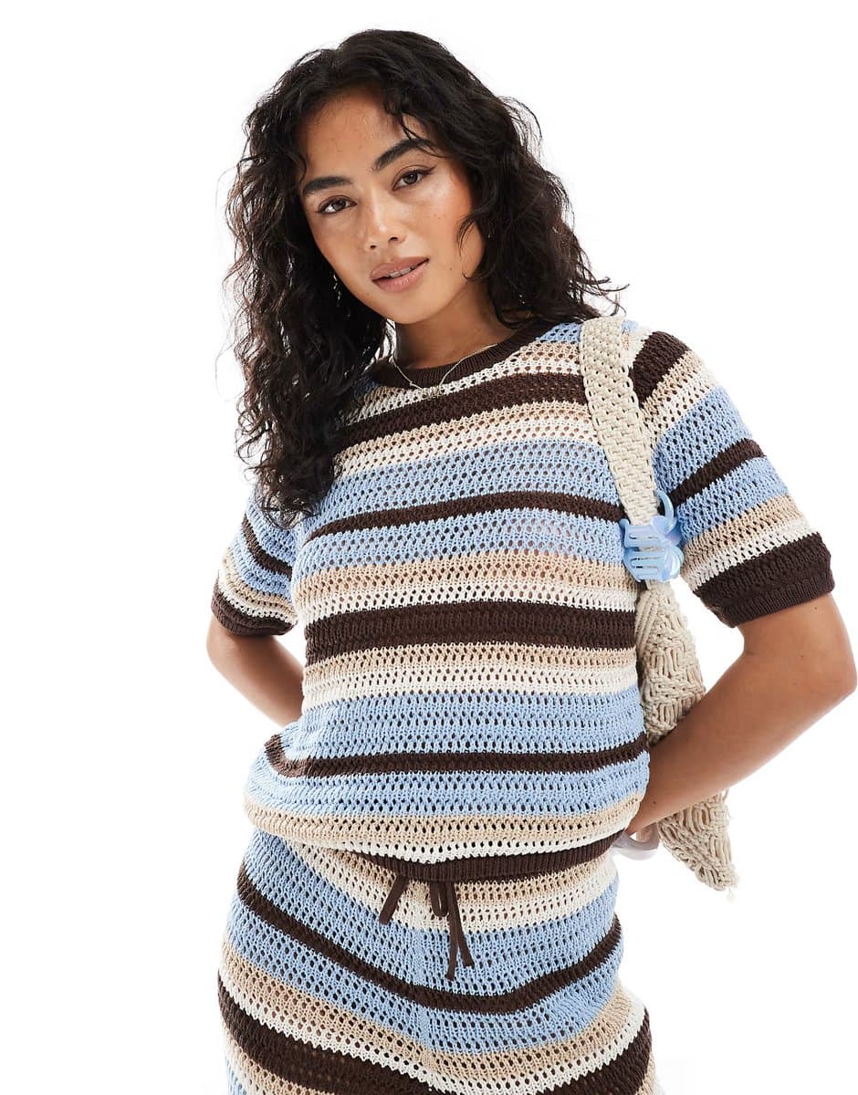 ASOS ASOS DESIGN crochet knit boxy t-shirt co-ord in blue and brown stripe