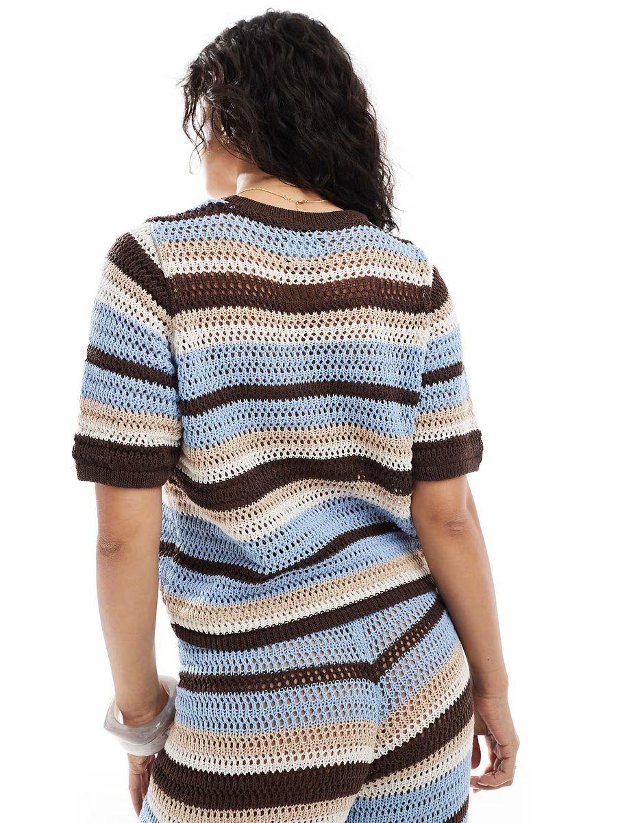 ASOS ASOS DESIGN crochet knit boxy t-shirt co-ord in blue and brown stripe - 2