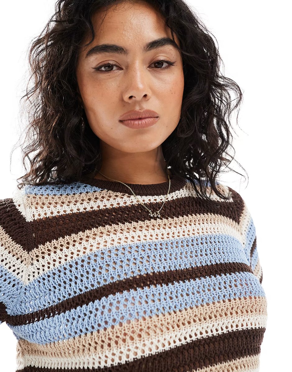 ASOS ASOS DESIGN crochet knit boxy t-shirt co-ord in blue and brown stripe - 3