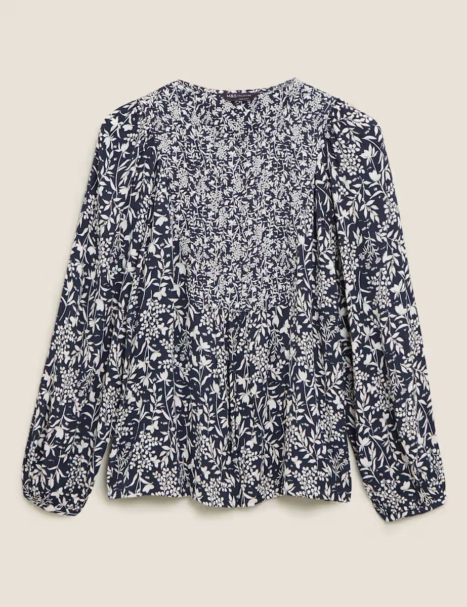 Marks & Spencer M&S Floral Bib Detail Popover Blouse Navy Mix
