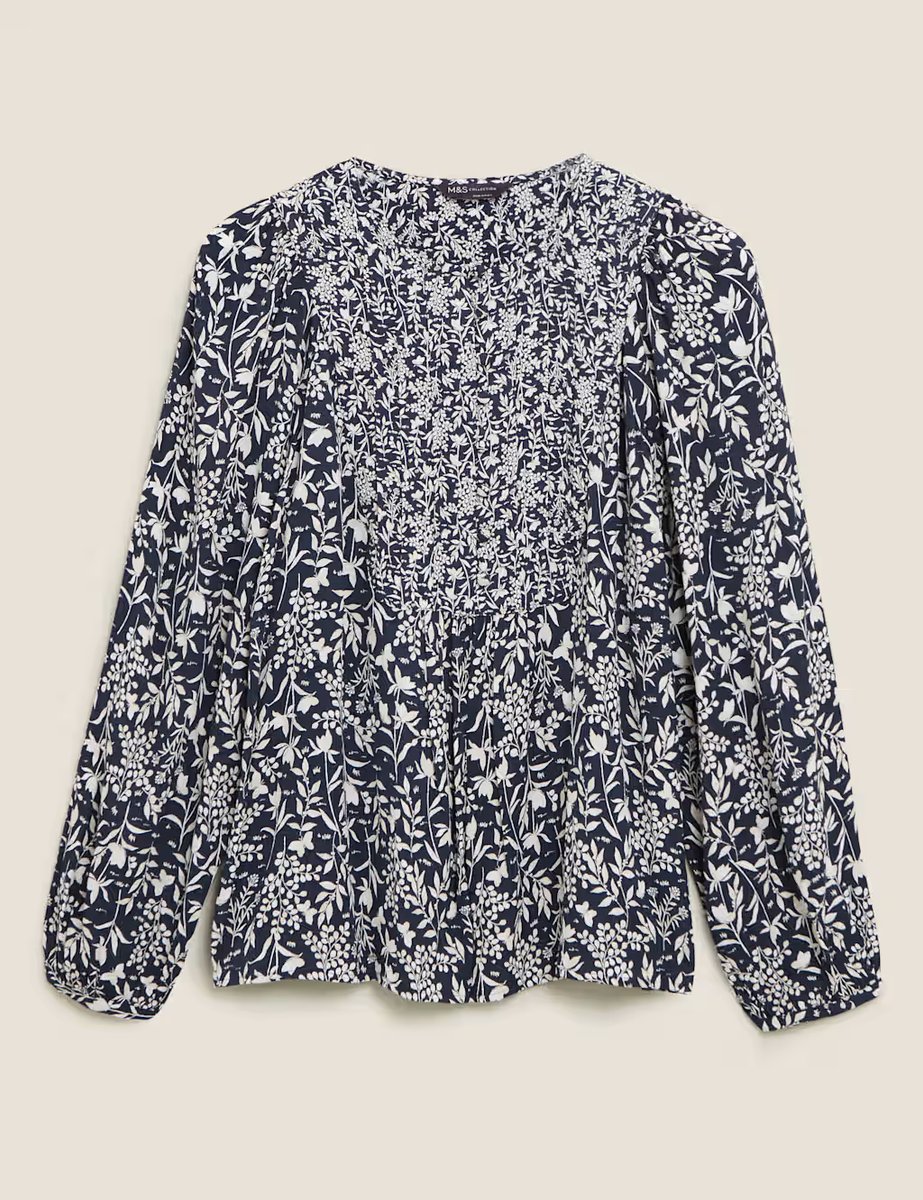 Marks & Spencer M&S Floral Bib Detail Popover Blouse Navy Mix - 2
