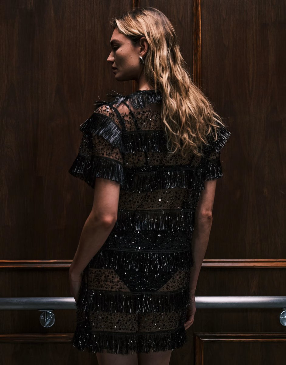 ASOS Ghospell Tana sheer stripe sequin tassel mini T-shirt dress in black - 3