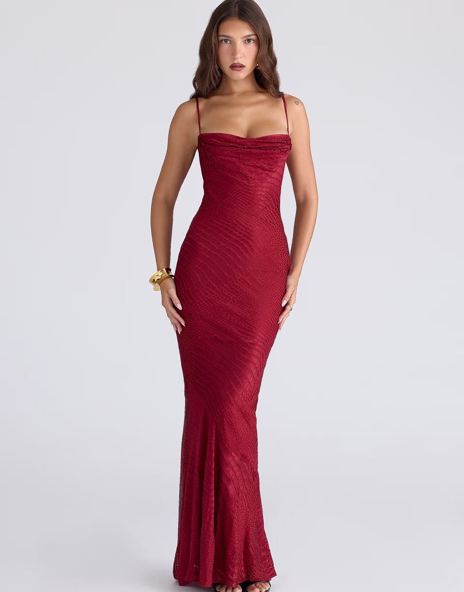 ASOS House of CB Nalani deep red devoré satin maxi gown - limited edition in deep red