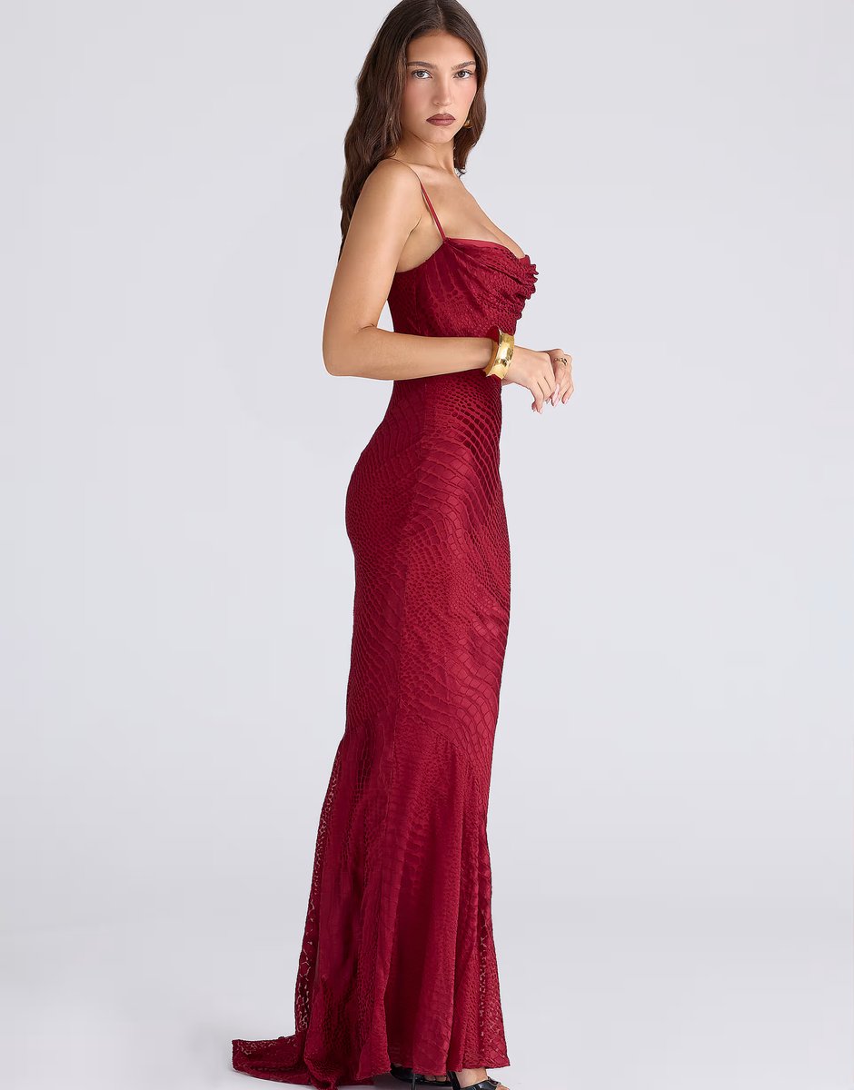 ASOS House of CB Nalani deep red devoré satin maxi gown - limited edition in deep red - 4