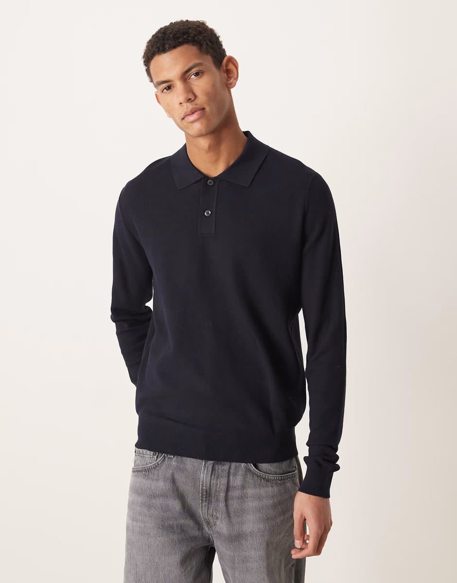 ASOS Mango cotton mix knitted polo top in navy