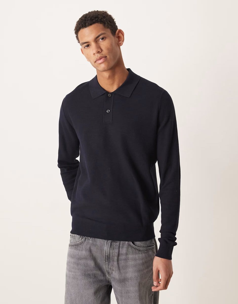 ASOS Mango cotton mix knitted polo top in navy - 1