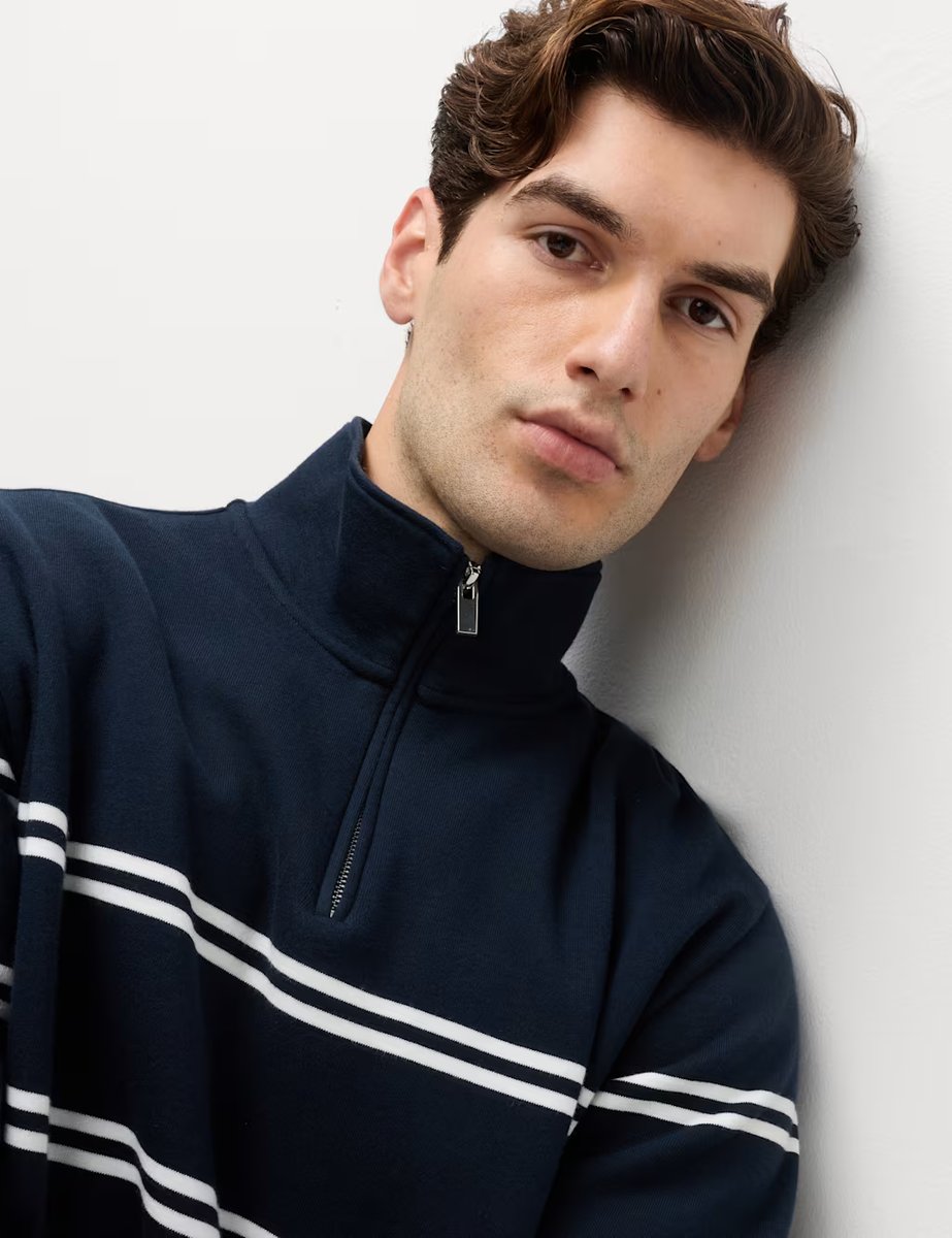 Marks & Spencer M&S Pure Cotton Striped Half Zip Sweatshirt Navy - 3