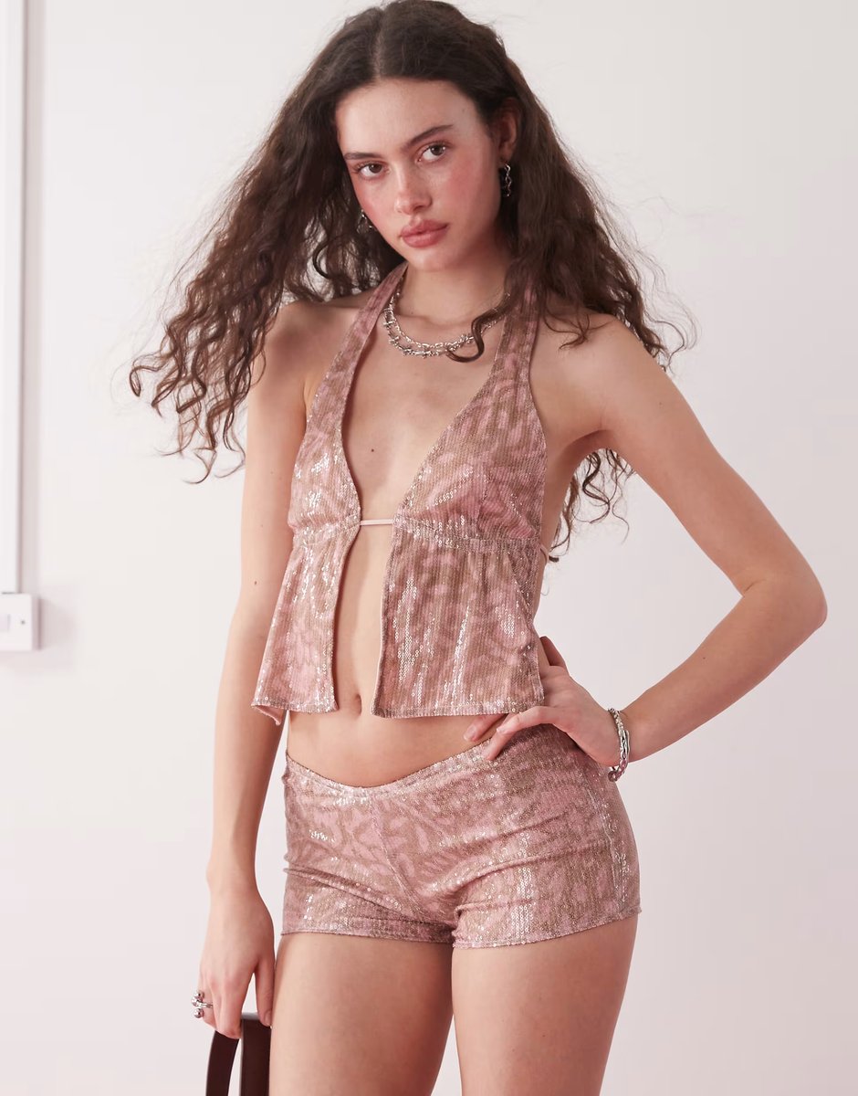 ASOS Motel erna batik print sequin micro shorts in pink - 3