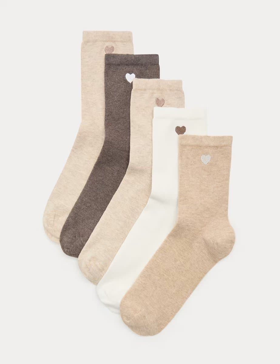 Marks & Spencer M&S 5 Pack Cotton Rich Embroidered Crew Socks Brown Mix