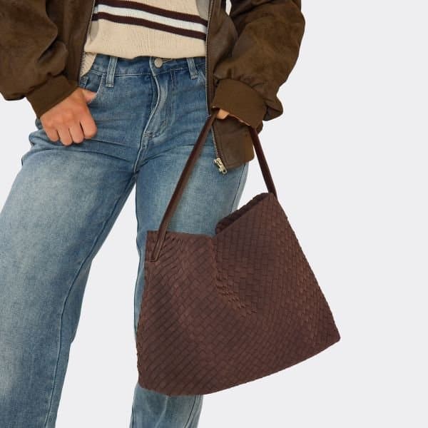 EGO EGO Woven Detail Shoulder Bag in Brown Faux Suede