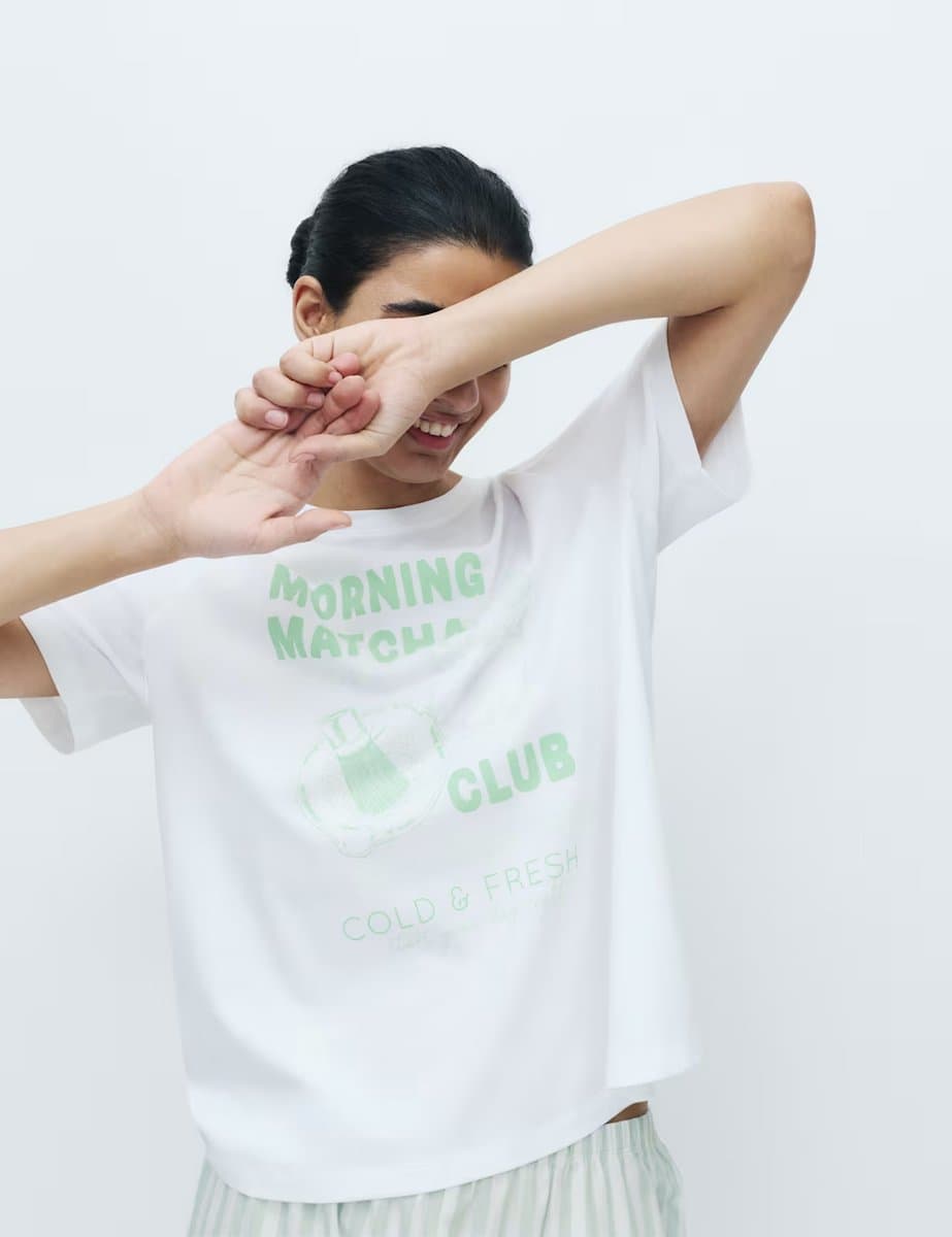 Marks & Spencer M&S Pure Cotton Pyjama Set With Woven Bottoms Green Mix