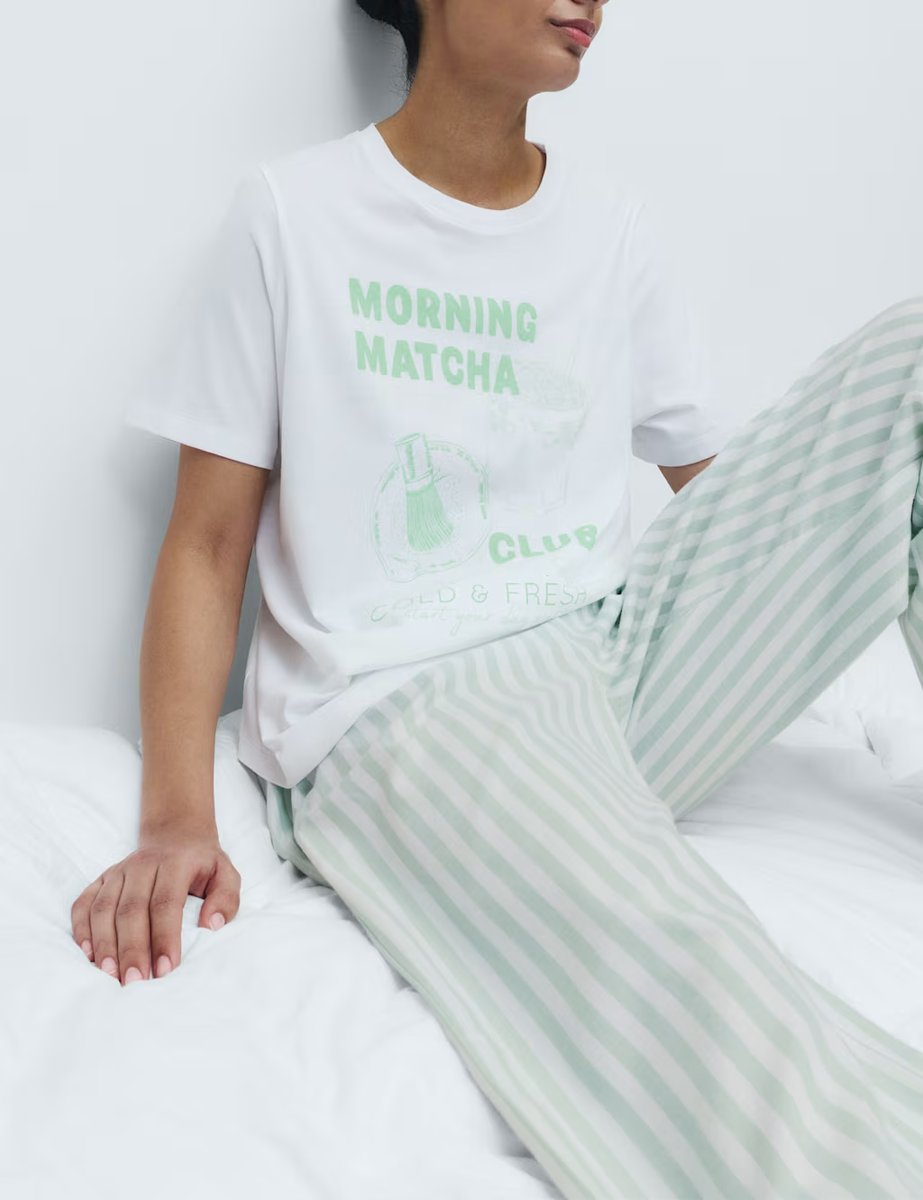 Marks & Spencer M&S Pure Cotton Pyjama Set With Woven Bottoms Green Mix - 2