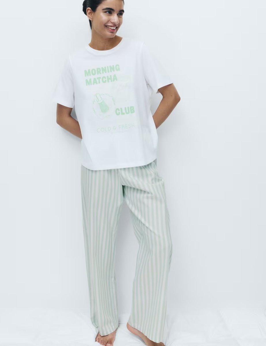 Marks & Spencer M&S Pure Cotton Pyjama Set With Woven Bottoms Green Mix - 4