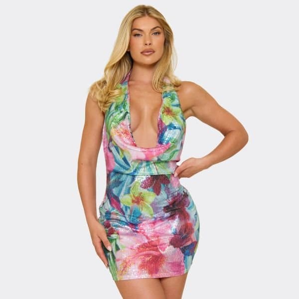 EGO Plunge Cowl Neck Mini Dress In Multi Floral Print, Women's Size UK 6