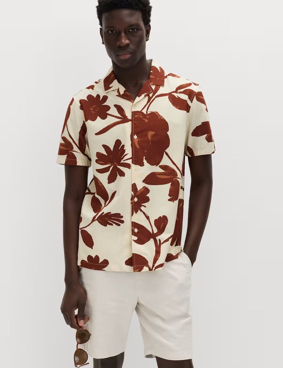 Marks & Spencer M&S Regular Fit Pure Cotton Short Sleeve Shirt Rust Mix