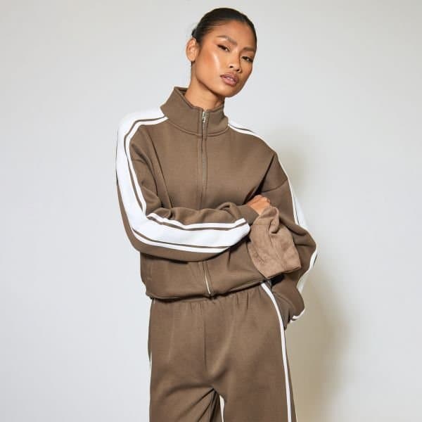 EGO Contrast Stripe High Neck Zip-Up Sweatshirt In Brown, Women's Size UK 6