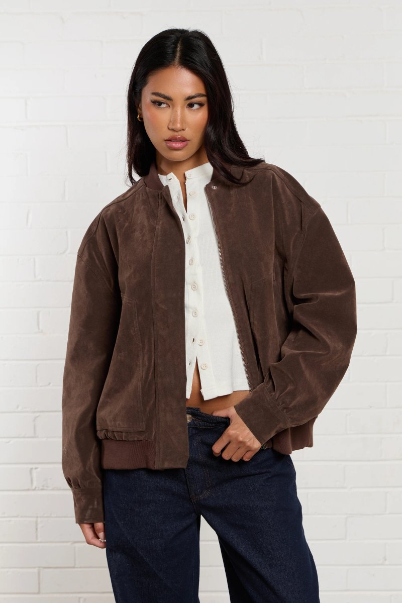 Kaiia Kaiia Faux Suede Bomber Jacket Brown - 1