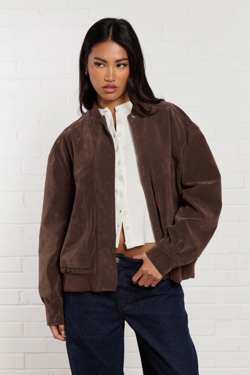 Kaiia Kaiia Faux Suede Bomber Jacket Brown