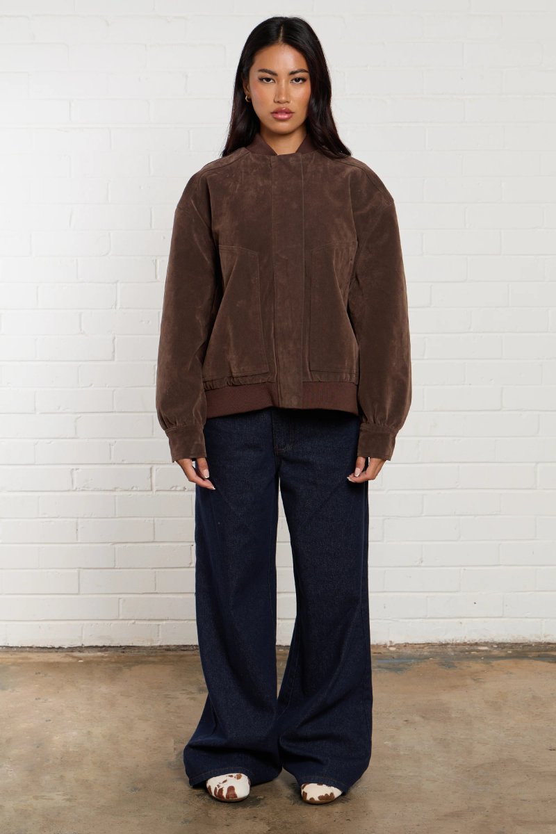 Kaiia Kaiia Faux Suede Bomber Jacket Brown - 2