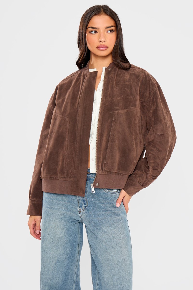 Kaiia Kaiia Faux Suede Bomber Jacket Brown - 4