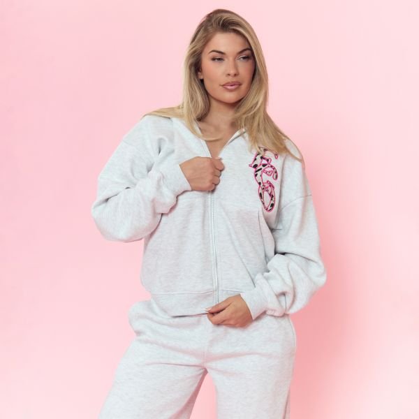 EGO Ego Leopard Print Graphic Oversized Zip Up Hoodie In Light Grey Marl, Women's Size UK 6 - 1
