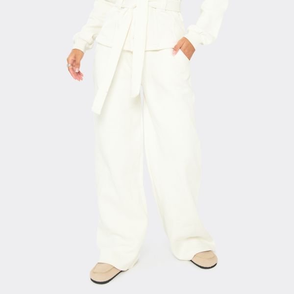 EGO Mid Waist Wide Leg Joggers In Cream, Women's Size UK 10 - 2