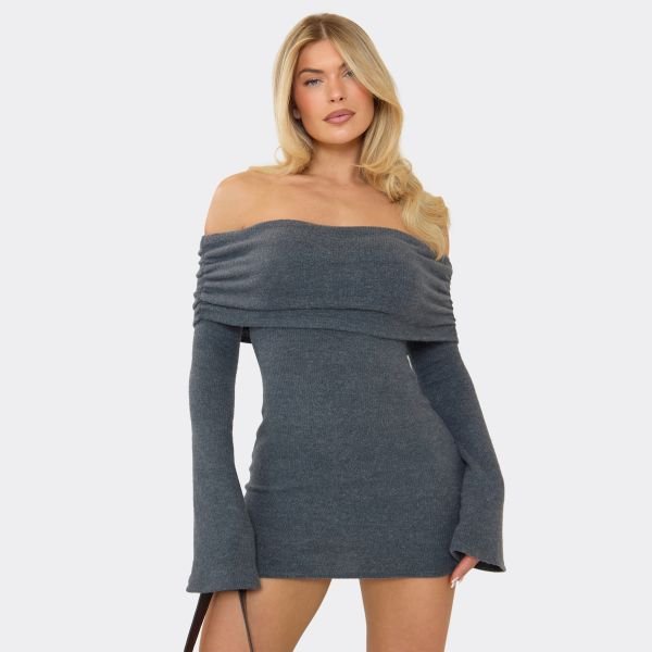 EGO Bardot Foldover Mini Dress In Grey Brushed Rib, Women's Size UK 6 - 1