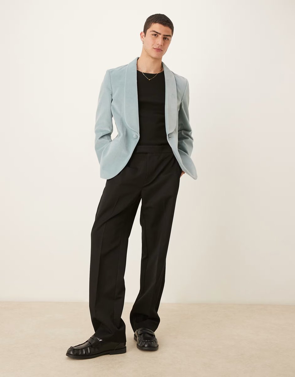 ASOS ASOS DESIGN cotton velvet summer weight slim blazer in dusty blue - 2