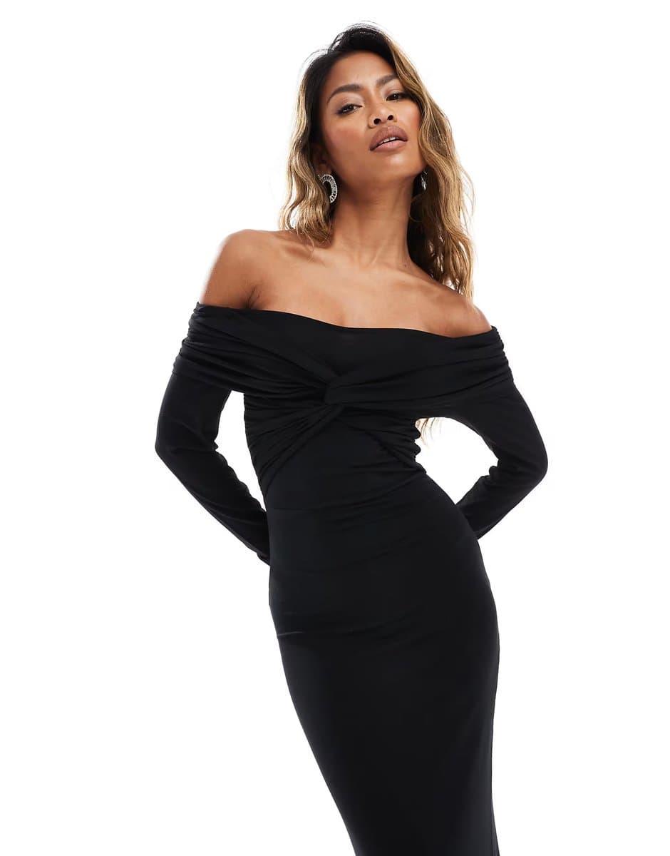 ASOS ASOS DESIGN off shoulder twist midi dress with long sleeves in black