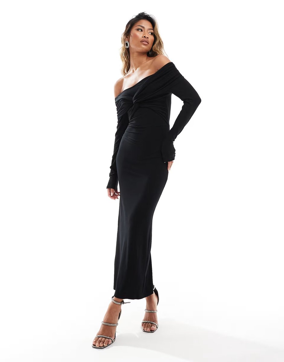 ASOS ASOS DESIGN off shoulder twist midi dress with long sleeves in black - 3