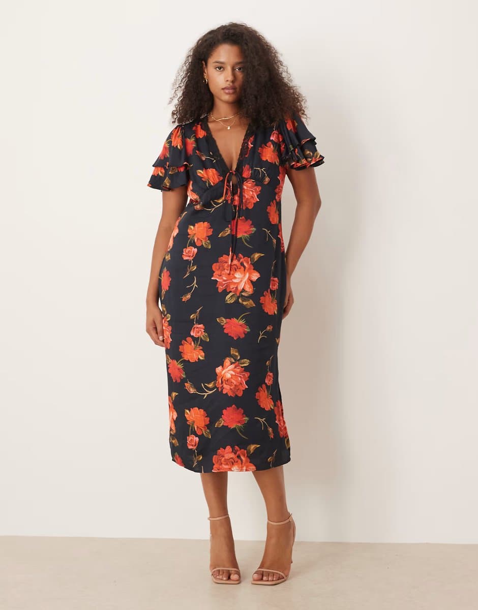 ASOS Hope & Ivy Plus v-neck ruffle sleeve midi tea dress in black and red floral