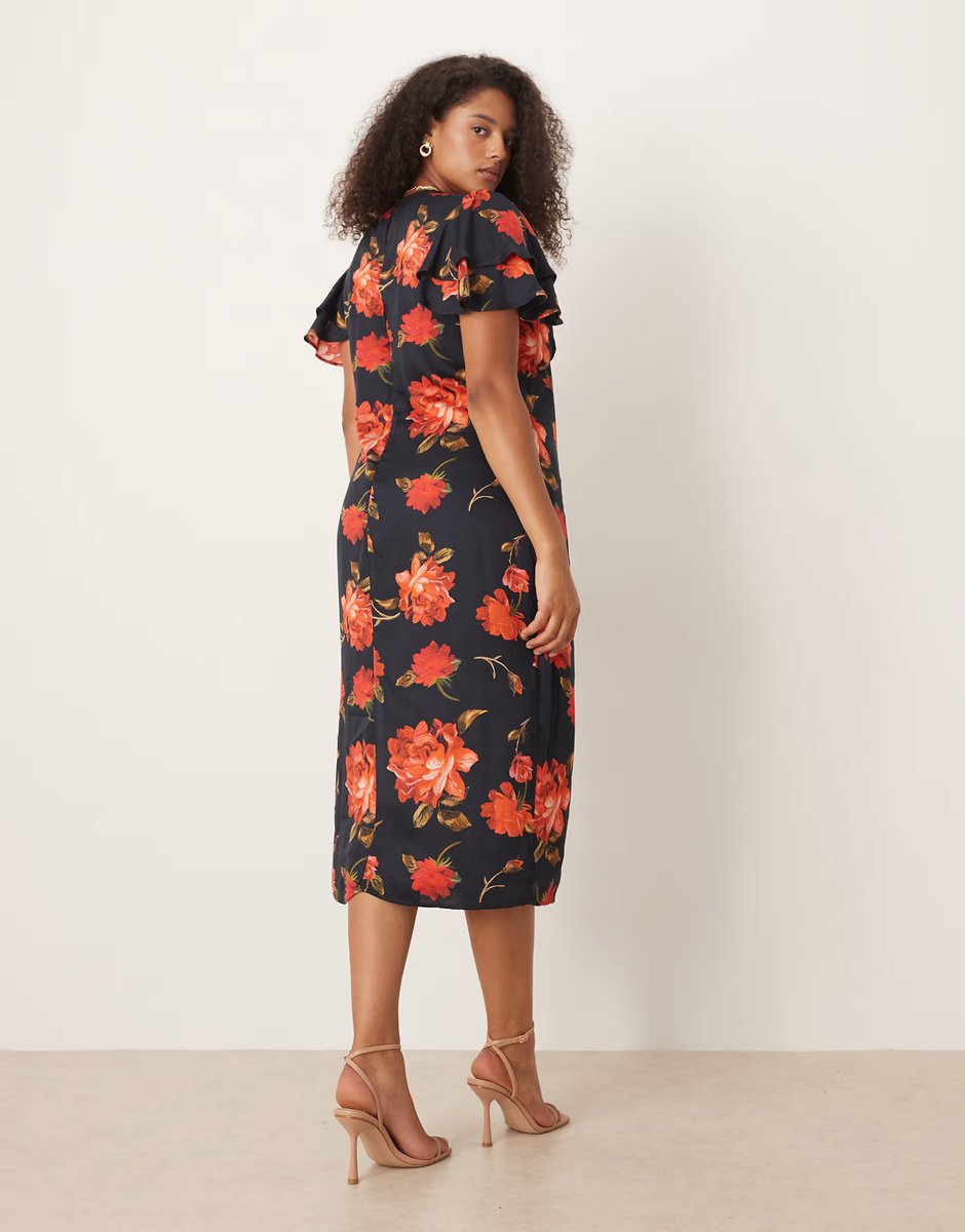 ASOS Hope & Ivy Plus v-neck ruffle sleeve midi tea dress in black and red floral - 4