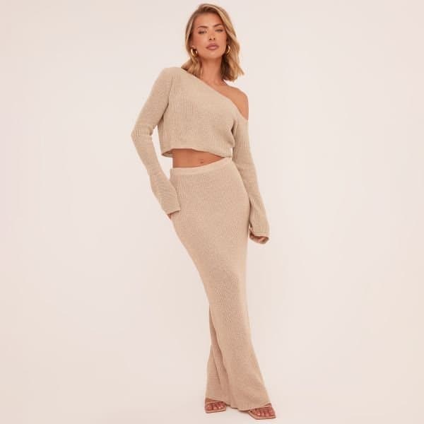 EGO Mid Rise Maxi Skirt In Stone Knit, Women's Size UK Large L