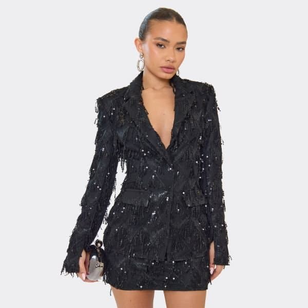 EGO Cinched Waist Tassel Sequin Detail Blazer In Black, Women's Size UK 6